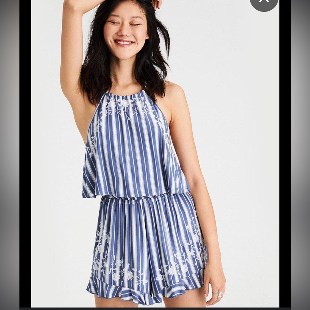 American Eagle horizontal stripe flowy ruffle shorts romper open back blue white